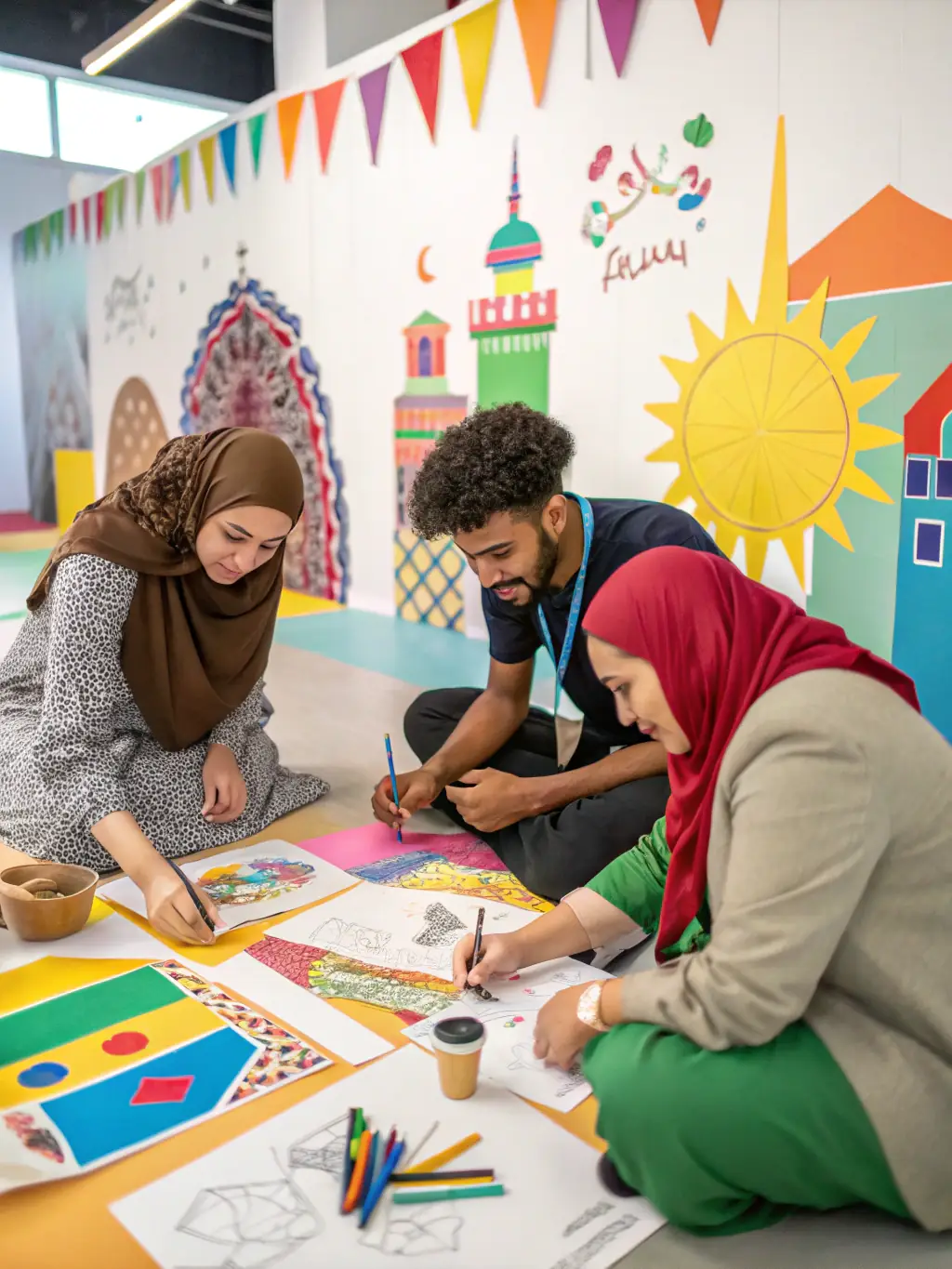 A dynamic image of artists collaborating in a workshop setting at PULSAR FACTORY, with various art supplies and equipment visible in the background.