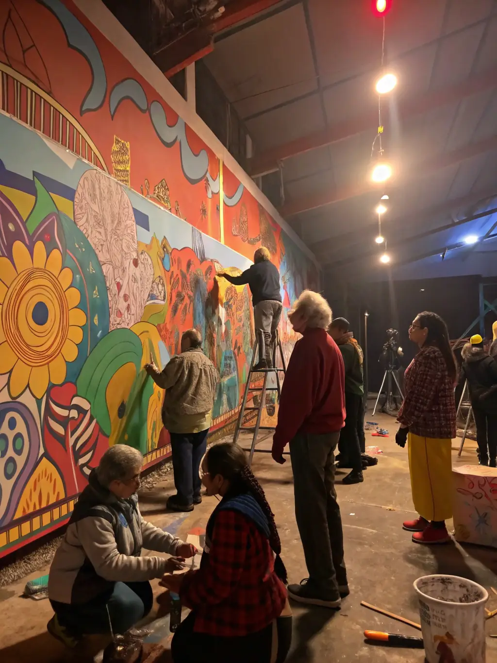 A captivating photo of a community art project organized by PULSAR FACTORY, featuring diverse participants creating a mural or installation together.